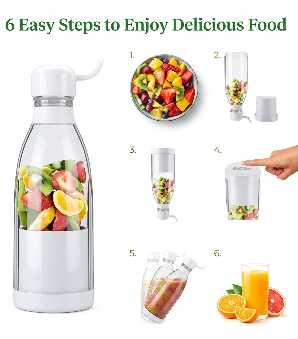 Fresh Juice Mini Portable Blender Bottle — Personal USB Rechargeable Smoothie Maker | 350ml | 6 Blades | One-Click Blending