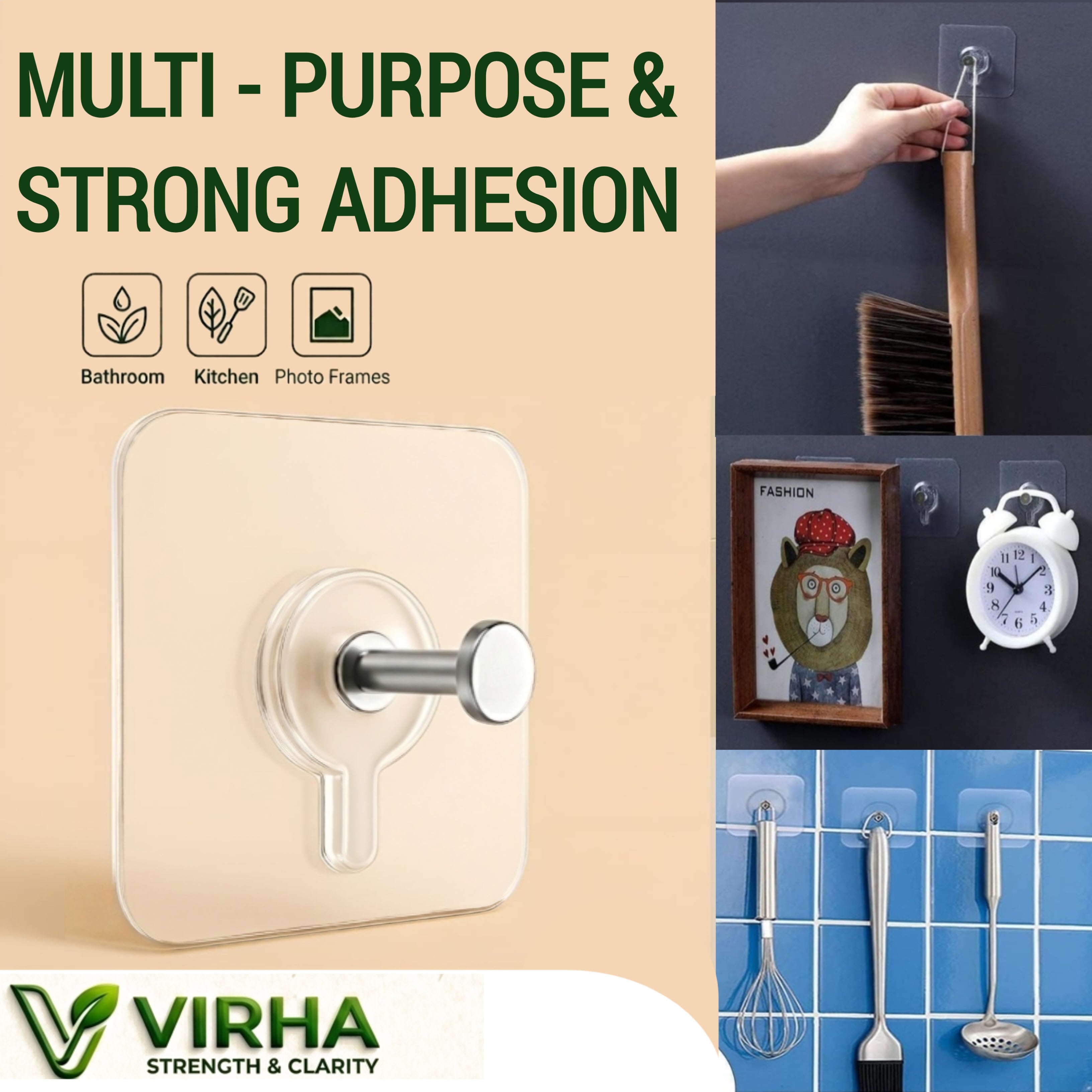 Virha Photo Frame Wall Hook Without Drilling, Pack of 10 Self Adhesive Heavy Duty Hooks for Wall, Nail Free Transparent Sticky Hook for Hanging Photo Frame, Kitchen, Bathroom, Bedroom | Stainless Steel Waterproof Wall Hanger Hook