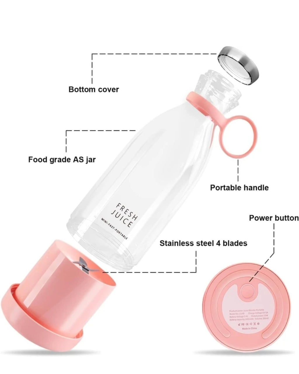 Fresh Juice Mini Portable Blender Bottle — Personal USB Rechargeable Smoothie Maker | 350ml | 6 Blades | One-Click Blending
